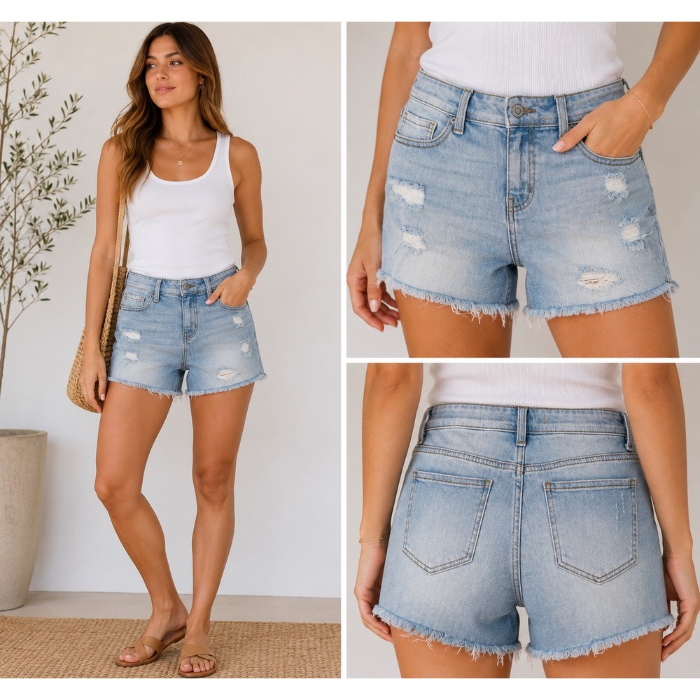 Eunina‎ Riley Mid Rise Distressed Denim Shorts Light Wash Frayed Hem Size S 2019